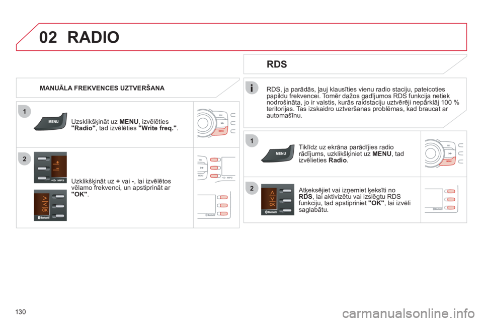 CITROEN C-ZERO 2012  Lietošanas Instrukcija (in Latvian) 1
2
02
1
2
130   
RDS, ja parādās, ļauj klausīties vienu radio staciju, pateicoties 
papildu frekvencei. Tomēr dažos gadījumos RDS funkcija netiek 
nodrošināta, jo ir valstis, kurās raidstac