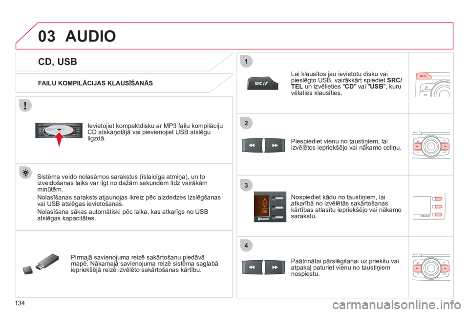 CITROEN C-ZERO 2012  Lietošanas Instrukcija (in Latvian) 03
1
3
2
4
134
   
 
 
 
 
 
 
 
 
 
 
CD, USB 
 
AUDIO 
 
 
FAILU KOMPILĀCIJAS KLAUSĪŠANĀS  
   
Ievietojiet kompaktdisku ar MP3 failu kompilāciju 
CD atskaņotājā vai pievienojiet USB atslēg