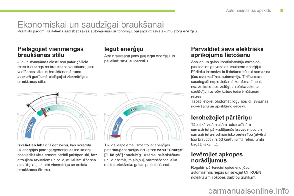 CITROEN C-ZERO 2012  Lietošanas Instrukcija (in Latvian) .Automašīnas īss apskats
17
   
 
 
 
 
Ekonomiskai un saudzīgai braukšanai  
Praktiski padomi kā ikdienā saglabāt savas automašīnas autonomiju, pasargājot sava akumulatora enerģiju. 
 
 

