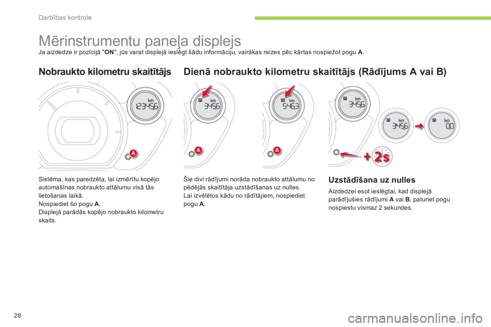 CITROEN C-ZERO 2012  Lietošanas Instrukcija (in Latvian) Darbības kontrole
28
   
 
 
 
 
 
 
 
Mērinstrumentu paneļa displejs  
Ja aizdedze ir pozīcijā " ON 
", jūs varat displejā ieslēgt šādu informāciju, vairākas reizes pēc kār tas nospiež