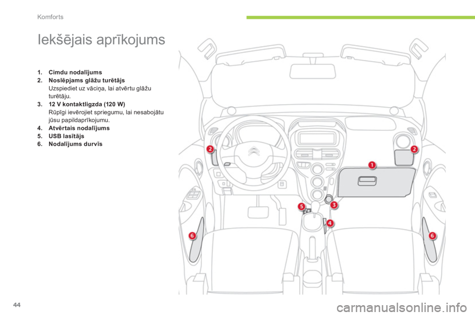 CITROEN C-ZERO 2012  Lietošanas Instrukcija (in Latvian) Komfor ts
44
   
 
 
 
 
 
 
 
 
 
 
 
 
 
 
 
 
 
 
 
Iekšējais aprīkojums 
 
 
 
1. 
  Cimdu nodalījums 
 
   
2. 
  Noslēpjams glāžu turētājs 
 
 
  Uzspiediet uz vāciņa, lai atvērtu gl