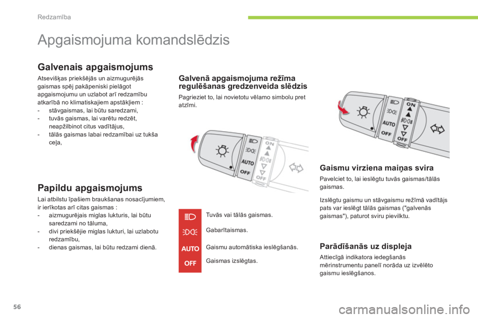 CITROEN C-ZERO 2012  Lietošanas Instrukcija (in Latvian) Redzamība
56
   
 
 
 
 
Apgaismojuma komandslēdzis 
 
 
Galvenais apgaismojums 
 
Atsevišķas priekšējās un aizmugurējās 
gaismas spēj pakāpeniski pielāgot 
apgaismojumu un uzlabot arī re