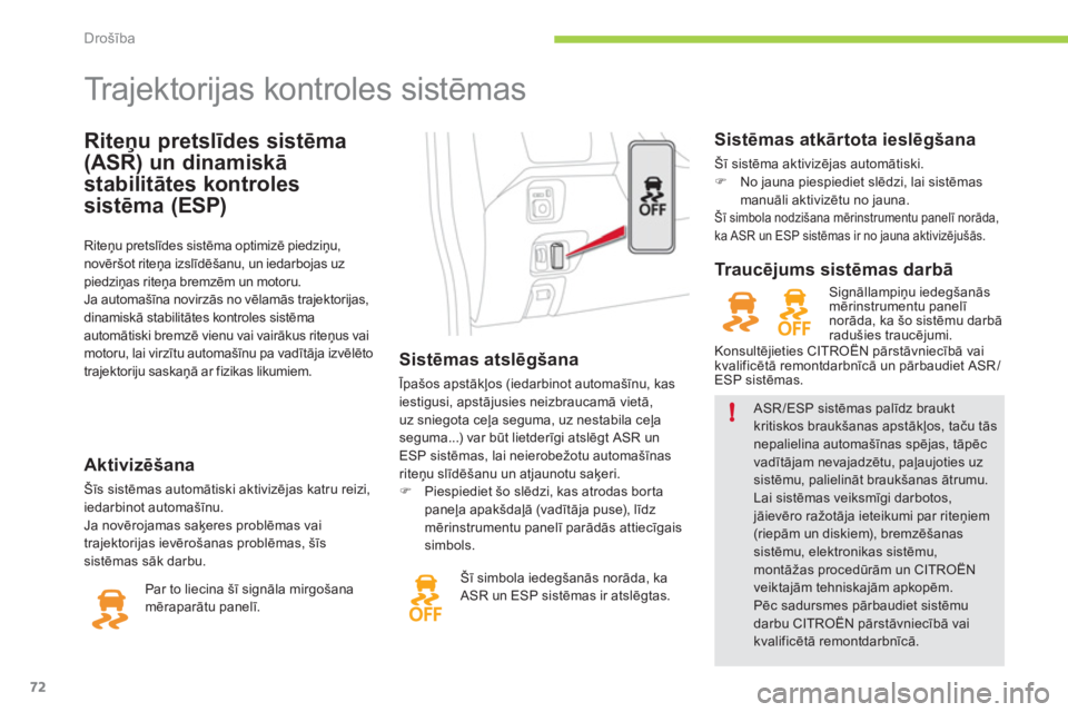 CITROEN C-ZERO 2012  Lietošanas Instrukcija (in Latvian) !
Drošība
72
   
Riteņu pretslīdes sistēma 
(ASR) un dinamiskā 
stabilitātes kontroles 
sistēma (ESP) 
 
 
 
 
 
 
 
 
 
 
 
 
 
 
 
Trajektorijas kontroles sistēmas 
 
 
 
Sistēmas atslēg�