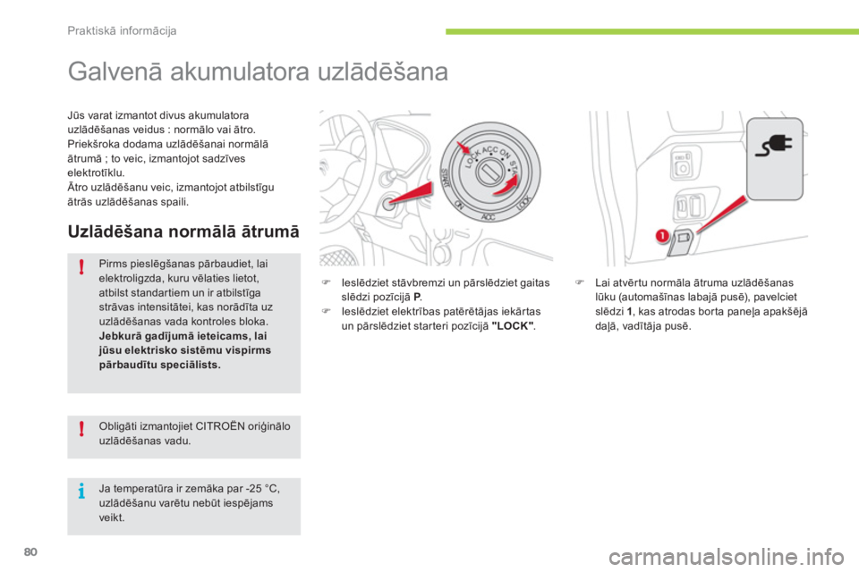 CITROEN C-ZERO 2012  Lietošanas Instrukcija (in Latvian) !
!
i
Praktiskā informācija
80
   
 
 
 
 
 
 
 
Galvenā akumulatora uzlādēšana 
 
 
�) 
 Lai atvērtu normāla ātruma uzlādēšanas 
lūku (automašīnas labajā pusē), pavelciet 
slēdzi  1