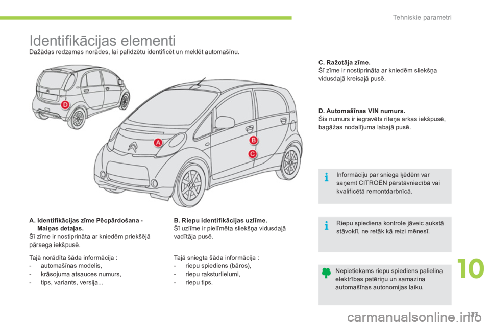 CITROEN C-ZERO 2011 Lietošanas Instrukcija (in Latvian) 10
i
i
Tehniskie parametri
123
Identifi kācijas elementi
Dažādas redzamas norādes, lai palīdzētu identificēt un meklēt automašīnu.
A. Identifikācijas zīm CITROEN C-ZERO 2011 Lietošanas Instrukcija (in Latvian) 10
i
i
Tehniskie parametri
123
Identifi kācijas elementi
Dažādas redzamas norādes, lai palīdzētu identificēt un meklēt automašīnu.
A. Identifikācijas zīm