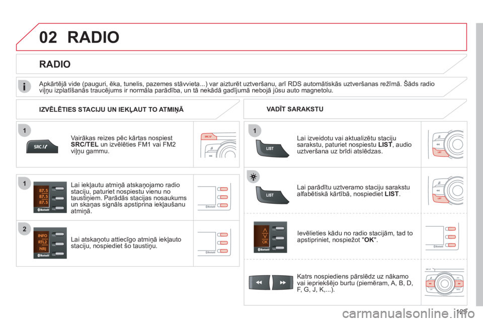 CITROEN C-ZERO 2011  Lietošanas Instrukcija (in Latvian) 11
02
1
2
129
RADIO 
Vairākas reizes pēc kārtas nospiest 
SRC/TEL un izvēlēties FM1 vai FM2
viļņu gammu.  
Lai atskaņotu attiecīgo atmiņā iekļauto
staciju, nospiediet 