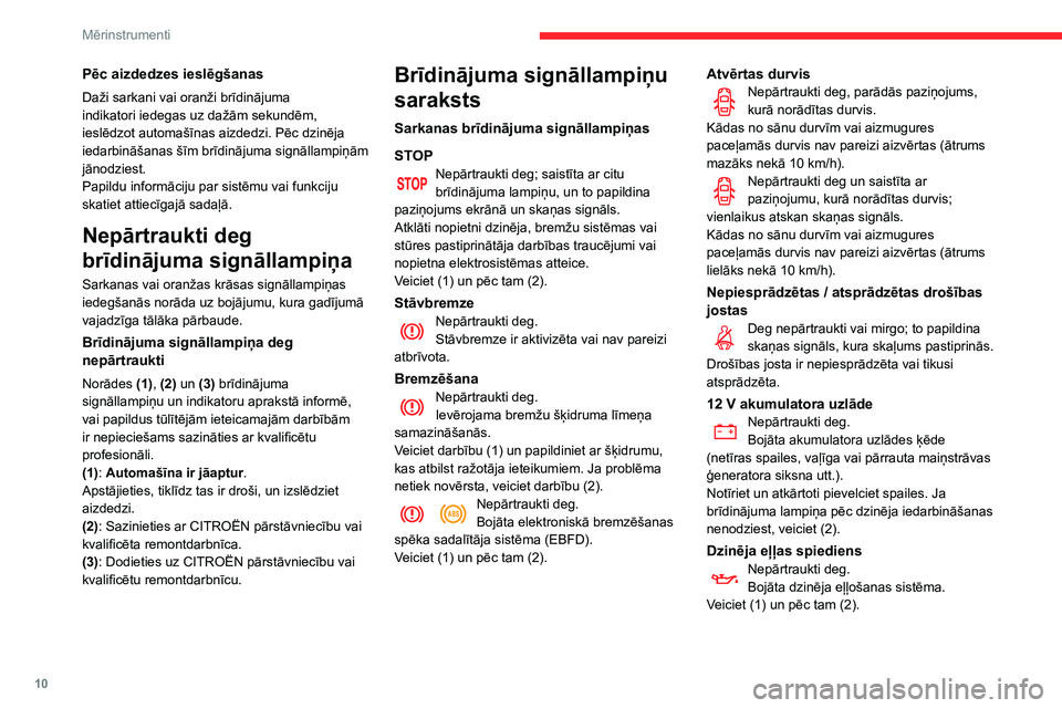 CITROEN C3 AIRCROSS 2021 Lietošanas Instrukcija (in Latvian) 10
Mērinstrumenti
Pēc aizdedzes ieslēgšanas
Daži sarkani vai oranži brīdinājuma
indikatori iedegas uz dažām sekundēm,
ieslēdzot automašīnas aizdedzi. Pēc dzinēja
iedarbināšanas š CITROEN C3 AIRCROSS 2021 Lietošanas Instrukcija (in Latvian) 10
Mērinstrumenti
Pēc aizdedzes ieslēgšanas
Daži sarkani vai oranži brīdinājuma
indikatori iedegas uz dažām sekundēm,
ieslēdzot automašīnas aizdedzi. Pēc dzinēja
iedarbināšanas š