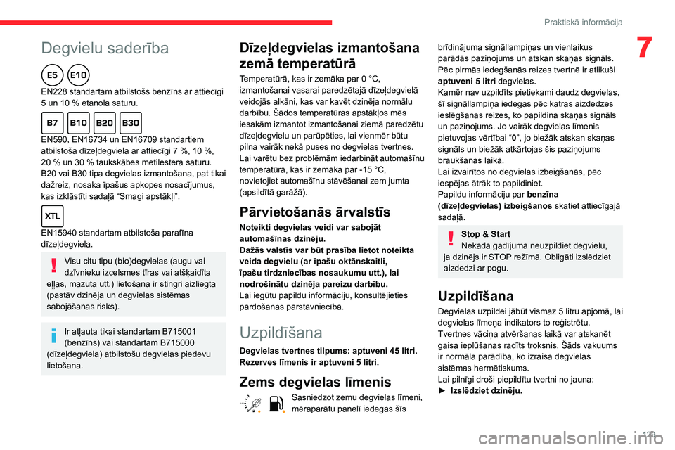 CITROEN C3 AIRCROSS 2021  Lietošanas Instrukcija (in Latvian)  
 
129
Praktiskā informācija
7Degvielu saderība  
EN228 standartam atbilstošs benzīns ar attiecīgi 5 un 10 % etanola saturu.  
EN590, EN16734 un EN16709 standartiem atbilstoša dīzeļdegviela 