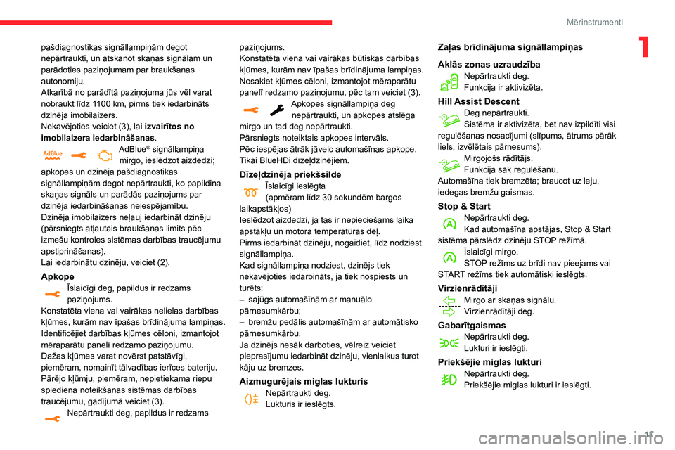 CITROEN C3 AIRCROSS 2021  Lietošanas Instrukcija (in Latvian) 13
Mērinstrumenti
1pašdiagnostikas signāllampiņām degot 
nepārtraukti, un atskanot skaņas signālam un 
parādoties paziņojumam par braukšanas 
autonomiju.
Atkarībā no parādītā paziņoju