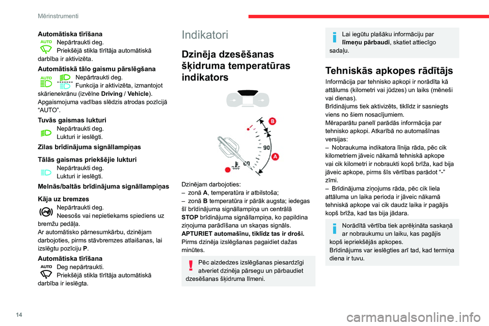 CITROEN C3 AIRCROSS 2021  Lietošanas Instrukcija (in Latvian) 14
Mērinstrumenti
Automātiska tīrīšanaNepārtraukti deg.Priekšējā stikla tīrītāja automātiskā 
darbība ir aktivizēta.
Automātiskā tālo gaismu pārslēgšanaNepārtraukti deg.Funkcija