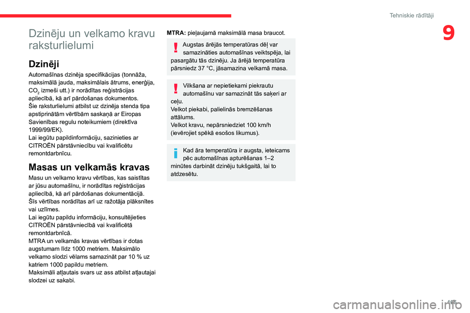 CITROEN C3 AIRCROSS 2021 Lietošanas Instrukcija (in Latvian) 165
Tehniskie rādītāji
9Dzinēju un velkamo kravu
raksturlielumi
Dzinēji
Automašīnas dzinēja specifikācijas (tonnāža,
maksimālā jauda, maksimālais ātrums, enerģija,
CO
2 izmeši utt. CITROEN C3 AIRCROSS 2021 Lietošanas Instrukcija (in Latvian) 165
Tehniskie rādītāji
9Dzinēju un velkamo kravu
raksturlielumi
Dzinēji
Automašīnas dzinēja specifikācijas (tonnāža,
maksimālā jauda, maksimālais ātrums, enerģija,
CO
2 izmeši utt.