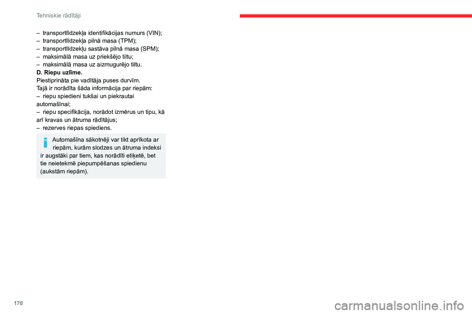 CITROEN C3 AIRCROSS 2021 Lietošanas Instrukcija (in Latvian) 170
Tehniskie rādītāji
– transportlīdzekļa identifikācijas numurs (VIN);– transportlīdzekļa pilnā masa (TPM);– transportlīdzekļu sastāva pilnā masa (SPM);– maksimālā masa uz pri CITROEN C3 AIRCROSS 2021 Lietošanas Instrukcija (in Latvian) 170
Tehniskie rādītāji
– transportlīdzekļa identifikācijas numurs (VIN);– transportlīdzekļa pilnā masa (TPM);– transportlīdzekļu sastāva pilnā masa (SPM);– maksimālā masa uz pri