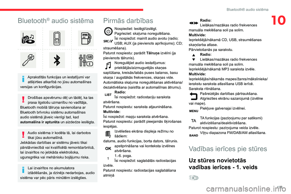 CITROEN C3 AIRCROSS 2021 Lietošanas Instrukcija (in Latvian) 171
Bluetooth® audio sistēma
10Bluetooth® audio sistēma
Aprakstītās funkcijas un iestatījumi var atšķirties atkarībā no jūsu automašīnas
versijas un konfigurācijas.
Drošības apsv CITROEN C3 AIRCROSS 2021 Lietošanas Instrukcija (in Latvian) 171
Bluetooth® audio sistēma
10Bluetooth® audio sistēma
Aprakstītās funkcijas un iestatījumi var atšķirties atkarībā no jūsu automašīnas
versijas un konfigurācijas.
Drošības apsv