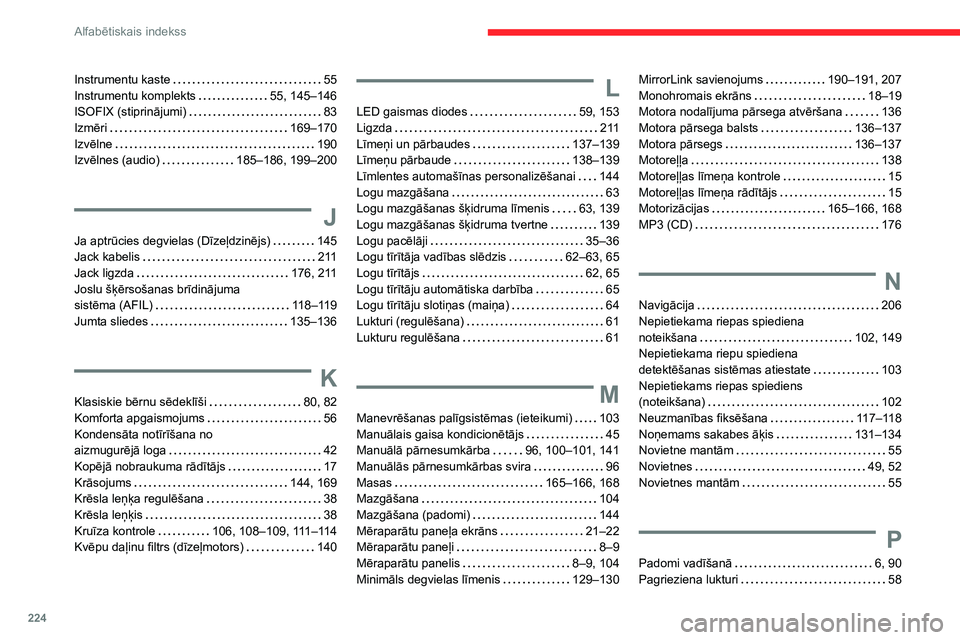 CITROEN C3 AIRCROSS 2021  Lietošanas Instrukcija (in Latvian) 224
Alfabētiskais indekss
Instrumentu kaste   55Instrumentu komplekts   55, 145–146ISOFIX (stiprinājumi)   83Izmēri   169–170Izvēlne   190Izvēlnes (audio)   185–186, 199–200
J
Ja aptrūci