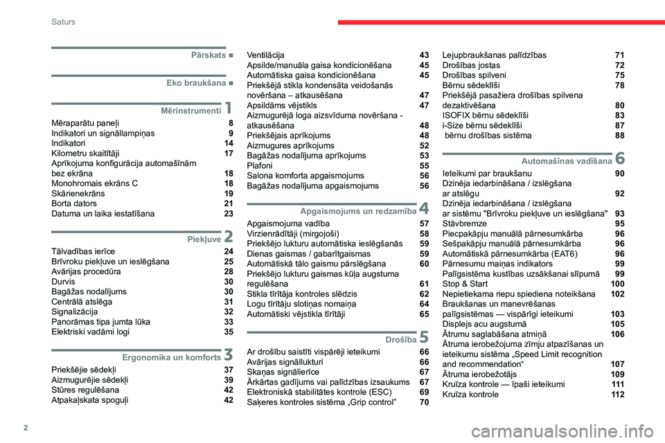 CITROEN C3 AIRCROSS 2021  Lietošanas Instrukcija (in Latvian) 2
Saturs
 
 
 
 
 
   ■
Pārskats
  ■
Eko braukšana
 1Mērinstrumenti
Mēraparātu paneļi  8
Indikatori un signāllampiņas  9
Indikatori  14
Kilometru skaitītāji  17
Aprīkojuma konfigur�