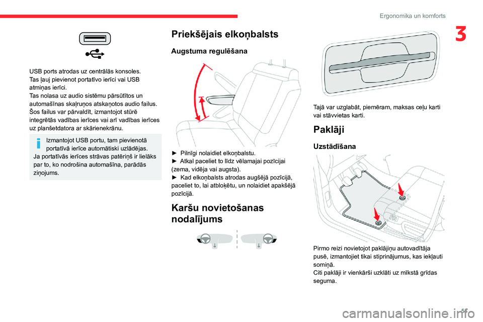 CITROEN C3 AIRCROSS 2021 Lietošanas Instrukcija (in Latvian) 51
Ergonomika un komforts
3
USB ports atrodas uz centrālās konsoles.
Tas ļauj pievienot portatīvo ierīci vai USB
atmiņas ierīci.
Tas nolasa uz audio sistēmu pārsūtītos un
automašīnas CITROEN C3 AIRCROSS 2021 Lietošanas Instrukcija (in Latvian) 51
Ergonomika un komforts
3
USB ports atrodas uz centrālās konsoles.
Tas ļauj pievienot portatīvo ierīci vai USB
atmiņas ierīci.
Tas nolasa uz audio sistēmu pārsūtītos un
automašīnas