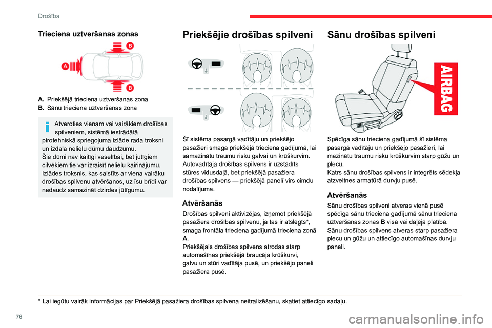 CITROEN C3 AIRCROSS 2021  Lietošanas Instrukcija (in Latvian) 76
Drošība
Trieciena uztveršanas zonas
A.Priekšējā trieciena uztveršanas zona
B. Sānu trieciena uztveršanas zona
Atveroties vienam vai vairākiem drošības 
spilveniem, sistēmā iestrādāt