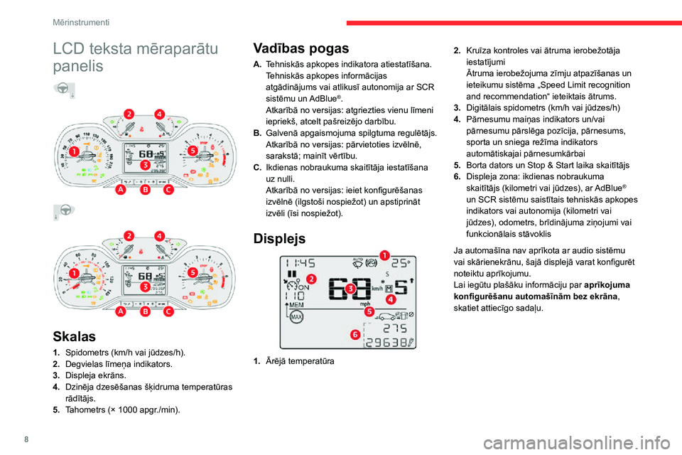 CITROEN C3 AIRCROSS 2021 Lietošanas Instrukcija (in Latvian) 8
Mērinstrumenti
LCD teksta mēraparātu
panelis
Skalas
1. Spidometrs (km/h vai jūdzes/h).
2. Degvielas līmeņa indikators.
3. Displeja ekrāns.
4. Dzinēja dzesēšanas šķidruma CITROEN C3 AIRCROSS 2021 Lietošanas Instrukcija (in Latvian) 8
Mērinstrumenti
LCD teksta mēraparātu
panelis
Skalas
1. Spidometrs (km/h vai jūdzes/h).
2. Degvielas līmeņa indikators.
3. Displeja ekrāns.
4. Dzinēja dzesēšanas šķidruma