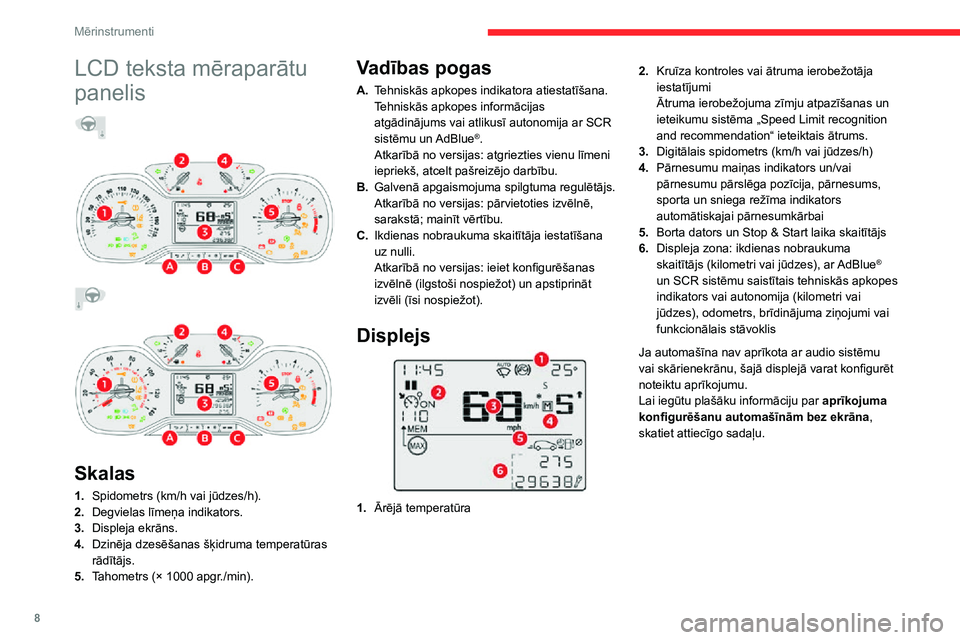 CITROEN C3 AIRCROSS 2021  Lietošanas Instrukcija (in Latvian) 8
Mērinstrumenti
LCD teksta mēraparātu 
panelis
  
 
 
 
 
 
 
Skalas
1. Spidometrs (km/h vai jūdzes/h).
2. Degvielas līmeņa indikators.
3. Displeja ekrāns.
4. Dzinēja dzesēšanas šķidruma 