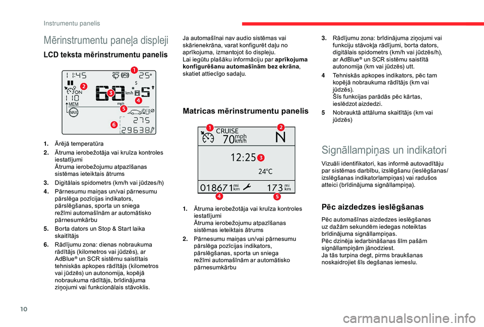 CITROEN C3 AIRCROSS 2019 Lietošanas Instrukcija (in Latvian) 10
Signāllampiņas un indikatori
Vizuāli identifikatori, kas informē autovadītāju
par sistēmas darbību, izslēgšanu (ieslēgšanas/
izslēgšanas indikatorlampiņas) vai radušos
atteici (br CITROEN C3 AIRCROSS 2019 Lietošanas Instrukcija (in Latvian) 10
Signāllampiņas un indikatori
Vizuāli identifikatori, kas informē autovadītāju
par sistēmas darbību, izslēgšanu (ieslēgšanas/
izslēgšanas indikatorlampiņas) vai radušos
atteici (br