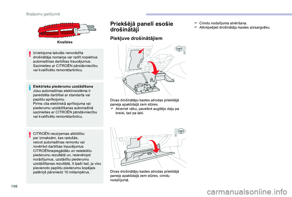 CITROEN C3 AIRCROSS 2019 Lietošanas Instrukcija (in Latvian) 198
Knaibles
Izvietojuma tabulās nenorādīta
drošinātāja nomaiņa var radīt nopietnus
automašīnas darbības traucējumus.
Sazinieties ar CITROËN pārstāvniecību
vai kvalificētu remontd CITROEN C3 AIRCROSS 2019 Lietošanas Instrukcija (in Latvian) 198
Knaibles
Izvietojuma tabulās nenorādīta
drošinātāja nomaiņa var radīt nopietnus
automašīnas darbības traucējumus.
Sazinieties ar CITROËN pārstāvniecību
vai kvalificētu remontd