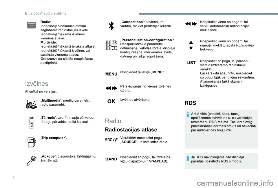 CITROEN C3 AIRCROSS 2019 Lietošanas Instrukcija (in Latvian) 4
Radio:
Iepriekšējās/nākamās atmiņā
saglabātās radiostacijas izvēle.
Iepriekšējā/nākamā izvēlnes
vienuma atlase.
Multivide:
Iepriekšējā/nākamā ieraksta atlase.
Iepriekšējā/n CITROEN C3 AIRCROSS 2019 Lietošanas Instrukcija (in Latvian) 4
Radio:
Iepriekšējās/nākamās atmiņā
saglabātās radiostacijas izvēle.
Iepriekšējā/nākamā izvēlnes
vienuma atlase.
Multivide:
Iepriekšējā/nākamā ieraksta atlase.
Iepriekšējā/n