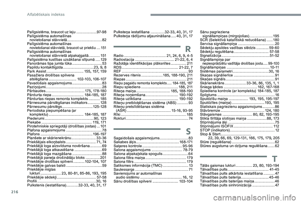 CITROEN C3 AIRCROSS 2019 Lietošanas Instrukcija (in Latvian) 216
Palīgsistēma, braucot uz leju ....................9 7- 9 8
Palīgsistēma automašīnas novietošanai stāvvietā
..................................8
2
Palīgsistēma automašīnas
novieto CITROEN C3 AIRCROSS 2019 Lietošanas Instrukcija (in Latvian) 216
Palīgsistēma, braucot uz leju ....................9 7- 9 8
Palīgsistēma automašīnas novietošanai stāvvietā
..................................8
2
Palīgsistēma automašīnas
novieto