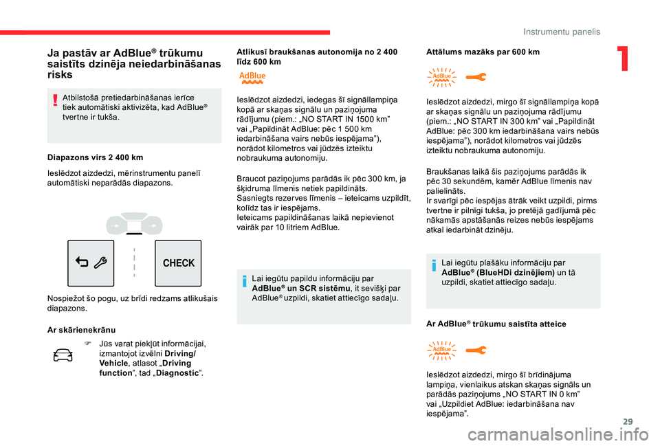 CITROEN C3 AIRCROSS 2019  Lietošanas Instrukcija (in Latvian) 29
CHECK
F Jūs varat piekļūt informācijai, izmantojot izvēlni  Driving/
Vehicle , atlasot „ Driving 
function ”, tad „Diagnostic ”.Braucot paziņojums parādās ik pēc 300
  km, ja 
šķ