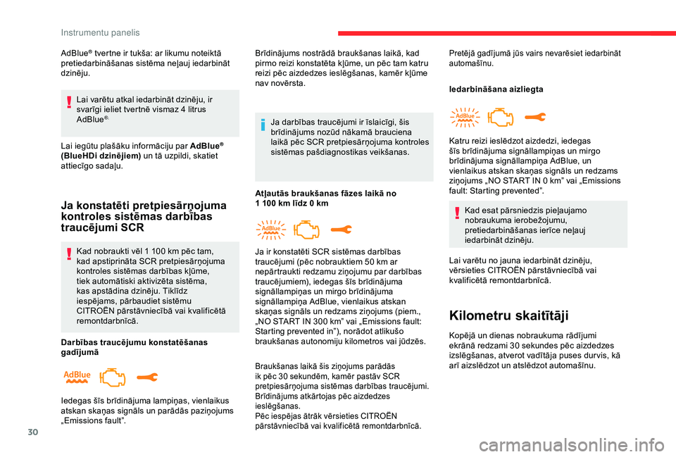 CITROEN C3 AIRCROSS 2019  Lietošanas Instrukcija (in Latvian) 30
AdBlue® tvertne ir tukša: ar likumu noteiktā 
pretiedarbināšanas sistēma neļauj iedarbināt 
dzinēju.
Lai varētu atkal iedarbināt dzinēju, ir 
svarīgi ieliet tvertnē vismaz 4
  litrus 