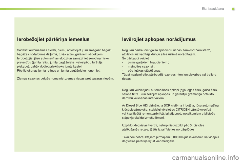 CITROEN C3 PICASSO 2015 Lietošanas Instrukcija (in Latvian) 9
C3Picasso_lv_Chap00c_eco-conduite_ed01-2014
Ierobežojiet pārtēriņa iemeslus
Sadaliet automašīnas slodzi, piem., novietojiet jūsu smagāko bagāžu
bagāžas nodalījuma dziļumā, tuvāk aiz CITROEN C3 PICASSO 2015 Lietošanas Instrukcija (in Latvian) 9
C3Picasso_lv_Chap00c_eco-conduite_ed01-2014
Ierobežojiet pārtēriņa iemeslus
Sadaliet automašīnas slodzi, piem., novietojiet jūsu smagāko bagāžu
bagāžas nodalījuma dziļumā, tuvāk aiz
