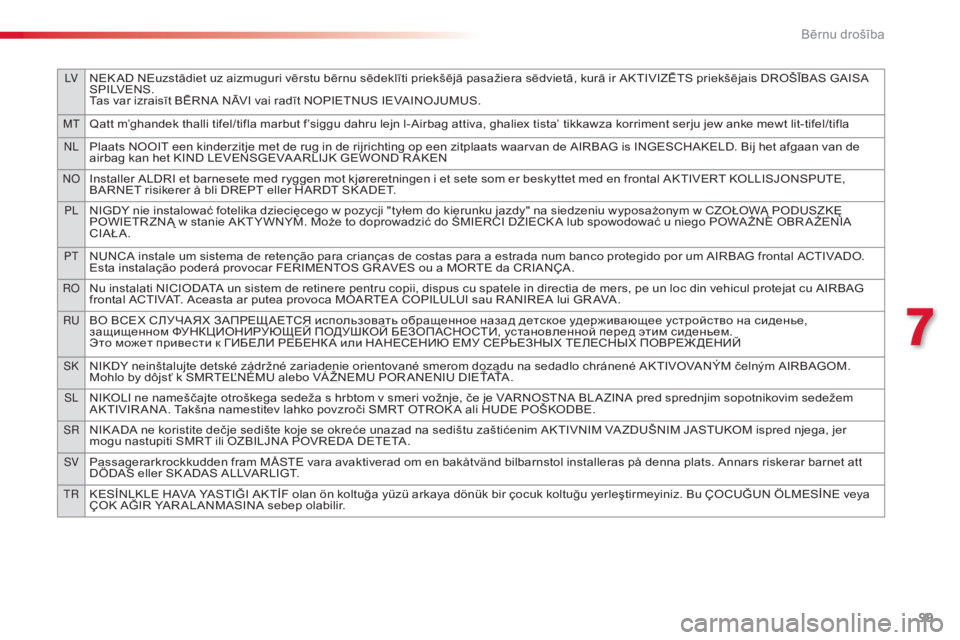 CITROEN C3 PICASSO 2015 Lietošanas Instrukcija (in Latvian) LVNEK AD NEuzstādiet uz aizmuguri vērstu bērnu sēdeklīti priekšējā pasažiera sēdvietā, kurā ir AKTIVIZĒTS priekšējais DROŠĪBAS GAISA
S P I LV E N S .
Tas var izraisīt BĒRNA NĀVI v CITROEN C3 PICASSO 2015 Lietošanas Instrukcija (in Latvian) LVNEK AD NEuzstādiet uz aizmuguri vērstu bērnu sēdeklīti priekšējā pasažiera sēdvietā, kurā ir AKTIVIZĒTS priekšējais DROŠĪBAS GAISA
S P I LV E N S .
Tas var izraisīt BĒRNA NĀVI v