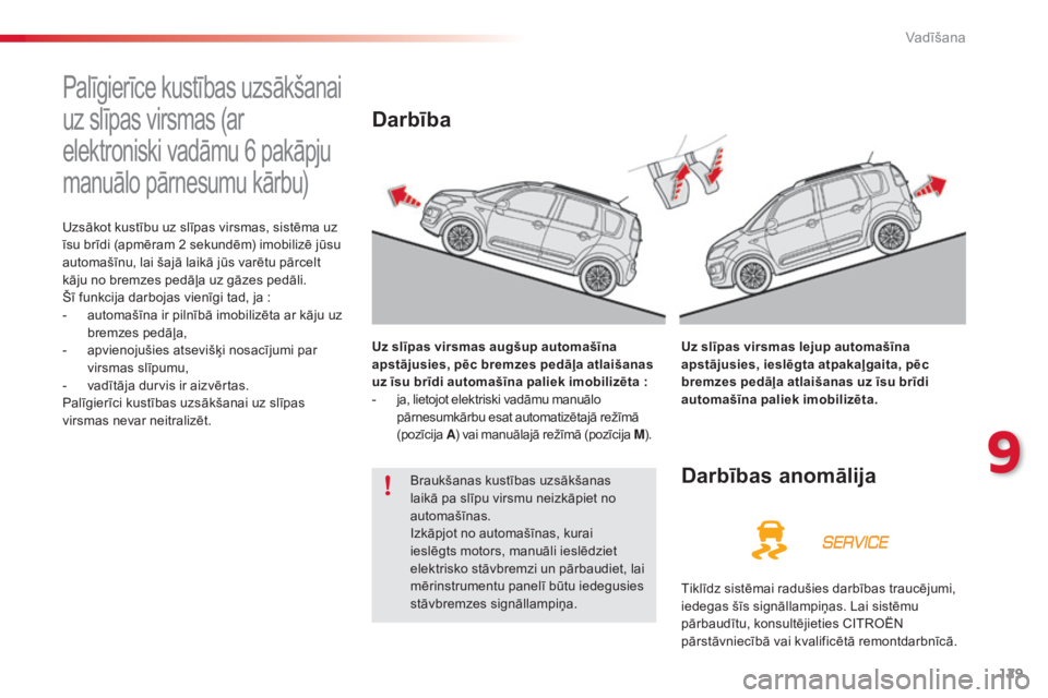 CITROEN C3 PICASSO 2015 Lietošanas Instrukcija (in Latvian) 129
C3Picasso_lv_Chap09_conduite_ed01-2014
Palīgierīce kustības uzsākšanai
uz slīpas virsmas (ar
elektroniski vadāmu 6 pakāpju
manuālo pārnesumu kārbu)
Uzsākot kustību uz slīpas virsm CITROEN C3 PICASSO 2015 Lietošanas Instrukcija (in Latvian) 129
C3Picasso_lv_Chap09_conduite_ed01-2014
Palīgierīce kustības uzsākšanai
uz slīpas virsmas (ar
elektroniski vadāmu 6 pakāpju
manuālo pārnesumu kārbu)
Uzsākot kustību uz slīpas virsm