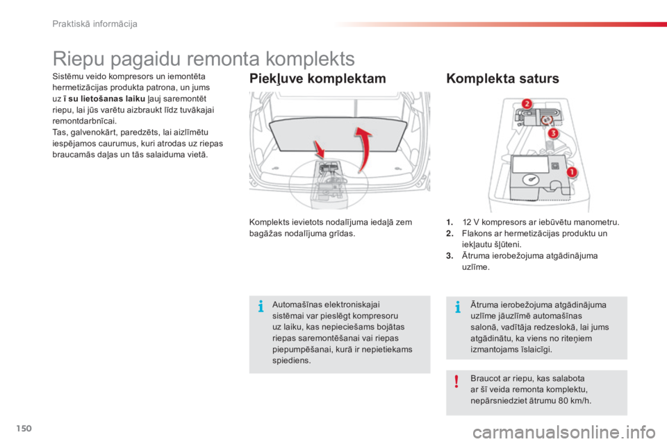 CITROEN C3 PICASSO 2015 Lietošanas Instrukcija (in Latvian) 150
C3Picasso_lv_Chap11_informations-pratiques_ed01-2014
Komplekta saturs
1. 12 V kompresors ar iebūvētu manometru.
2. Flakons ar hermetizācijas produktu un
iekļautu šļūteni.
3.
Ā
truma ier CITROEN C3 PICASSO 2015 Lietošanas Instrukcija (in Latvian) 150
C3Picasso_lv_Chap11_informations-pratiques_ed01-2014
Komplekta saturs
1. 12 V kompresors ar iebūvētu manometru.
2. Flakons ar hermetizācijas produktu un
iekļautu šļūteni.
3.
Ā
truma ier