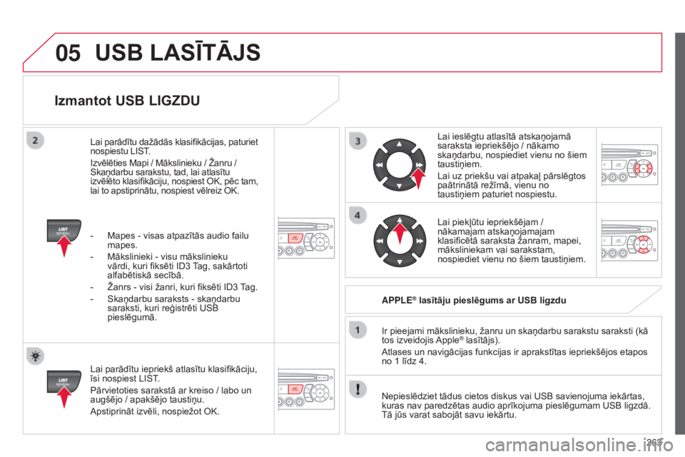 CITROEN C3 PICASSO 2015 Lietošanas Instrukcija (in Latvian) 05
263
C3Picasso_lv_Chap13c_RD45_ed01_2014
Izmantot USB LIGZDU
Lai parādītu iepriekš atlasītu klasifikāciju,
īsi nospiest LIST.
Pārvietoties sarakstā ar kreiso / labo un
augšējo / apakšē CITROEN C3 PICASSO 2015 Lietošanas Instrukcija (in Latvian) 05
263
C3Picasso_lv_Chap13c_RD45_ed01_2014
Izmantot USB LIGZDU
Lai parādītu iepriekš atlasītu klasifikāciju,
īsi nospiest LIST.
Pārvietoties sarakstā ar kreiso / labo un
augšējo / apakšē
