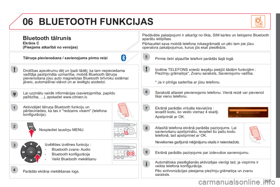 CITROEN C3 PICASSO 2015 Lietošanas Instrukcija (in Latvian) 06
265
C3Picasso_lv_Chap13c_RD45_ed01_2014
BLUETOOTH FUNKCIJAS
Drošības apsvērumu dēļ un īpaši tādēļ, ka tam nepieciešama
vadītāja pastiprināta uzmanība, mobilā Bluetooth tālruņa
p CITROEN C3 PICASSO 2015 Lietošanas Instrukcija (in Latvian) 06
265
C3Picasso_lv_Chap13c_RD45_ed01_2014
BLUETOOTH FUNKCIJAS
Drošības apsvērumu dēļ un īpaši tādēļ, ka tam nepieciešama
vadītāja pastiprināta uzmanība, mobilā Bluetooth tālruņa
p