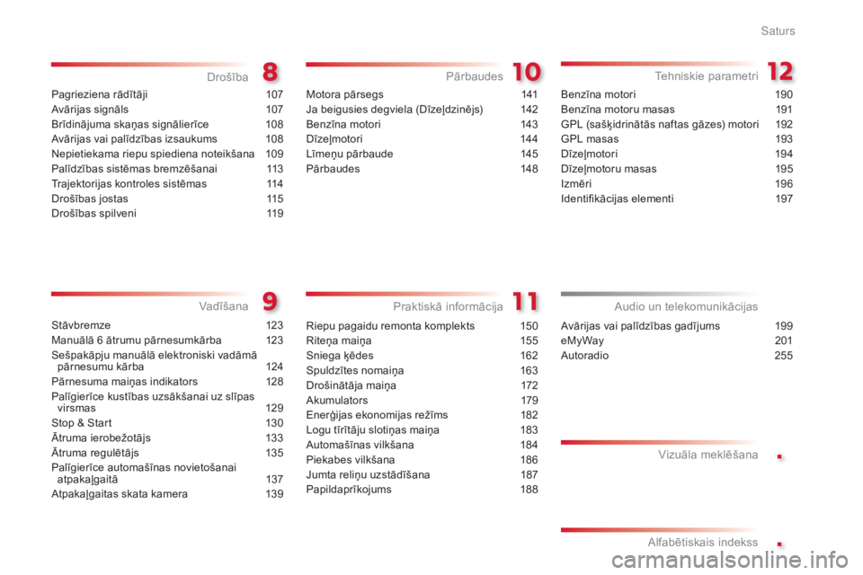 CITROEN C3 PICASSO 2015  Lietošanas Instrukcija (in Latvian) .
.
C3Picasso_lv_Chap00a_sommaire_ed01-2014
Pagrieziena rādītāji 107
Avārijas signāls
 1
 07
Brīdinājuma skaņas signālierīce
 1

08
Avārijas vai palīdzības izsaukums
 
1
 08
Nepietiekama 