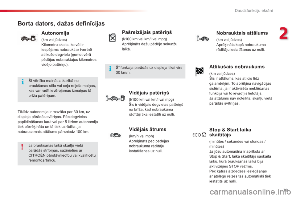 CITROEN C3 PICASSO 2015  Lietošanas Instrukcija (in Latvian) 39
C3Picasso_lv_Chap02_ecran-multifonction_ed01-2014
Borta dators, dažas definīcijas
Tiklīdz autonomija ir mazāka par 30 km, uz 
displeja pārādās svītriņas. Pēc degvielas 
papildināšanas k