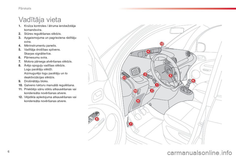 CITROEN C3 PICASSO 2015  Lietošanas Instrukcija (in Latvian) 6
C3Picasso_lv_Chap00b_vue-ensemble_ed01-2014
Vadītāja vieta
1. Kruīza kontroles / ātruma ierobežotāja komandsvira.
2.
 S

tūres regulēšanas slēdzis.
3.
 A

pgaismojuma un pagrieziena rādī