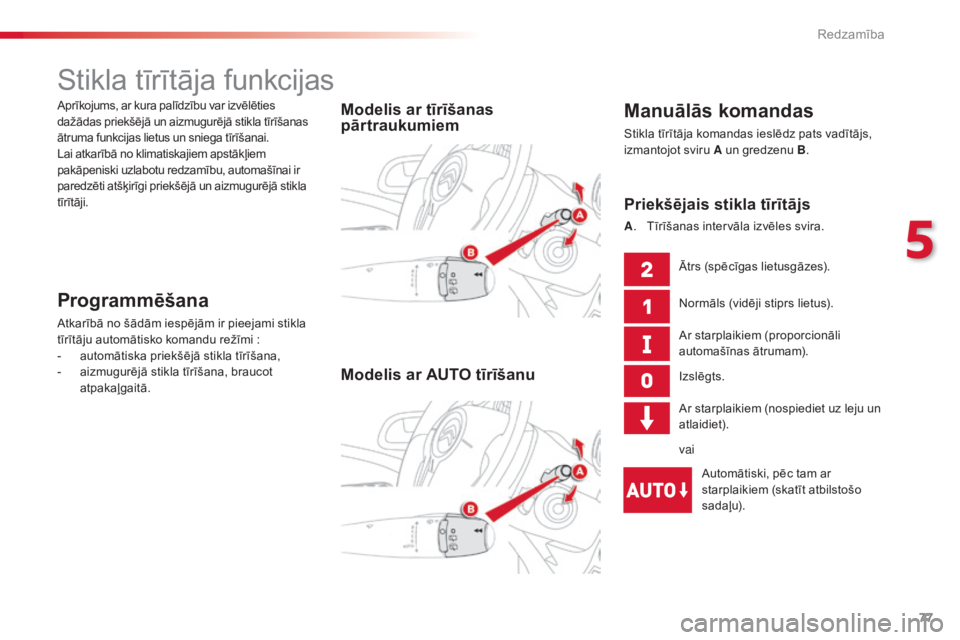 CITROEN C3 PICASSO 2015  Lietošanas Instrukcija (in Latvian) 77
C3Picasso_lv_Chap05_visibilite_ed01-2014
Stikla tīrītāja funkcijas
Manuālās komandas
Stikla tīrītāja komandas ieslēdz pats vadītājs, 
izmantojot sviru A un gredzenu B.
Modelis ar tīrī