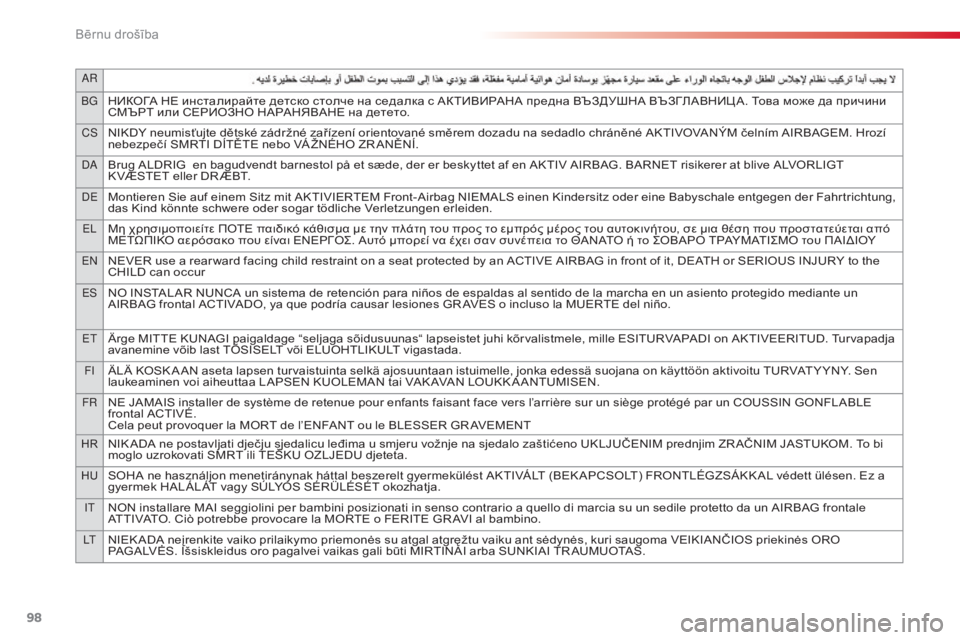 CITROEN C3 PICASSO 2015  Lietošanas Instrukcija (in Latvian) ar
BGНИКОГА НЕ инсталирайте детско столче на седалка с АКТИВИРАНА предна ВЪЗДУШНА ВЪЗГЛАВНИЦ А. Това може да пр
