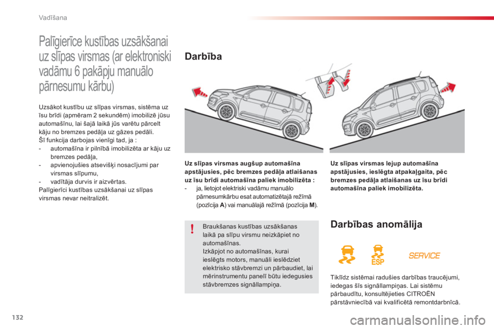 CITROEN C3 PICASSO 2014  Lietošanas Instrukcija (in Latvian) Vadīšana
132
   
 
 
 
 
Palīgierīce kustības uzsākšanai 
uz slīpas virsmas (ar elektroniski 
vadāmu 6 pakāpju manuālo 
pārnesumu kārbu) 
Uzsākot kustību uz slīpas virsmas, sistēma uz