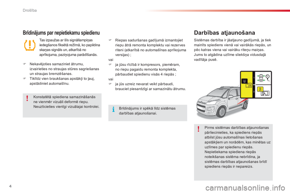 CITROEN C3 PICASSO 2014 Lietošanas Instrukcija (in Latvian) Drošība
4
Brīdinājums par nepietiekamu spiedienu
Tas izpaužas ar šīs signāllampiņas iedegšanos fiksētā režīmā, ko papildina skaņas signāls un, atkarībā no aprīkojuma, paziņoju CITROEN C3 PICASSO 2014 Lietošanas Instrukcija (in Latvian) Drošība
4
Brīdinājums par nepietiekamu spiedienu
Tas izpaužas ar šīs signāllampiņas iedegšanos fiksētā režīmā, ko papildina skaņas signāls un, atkarībā no aprīkojuma, paziņoju