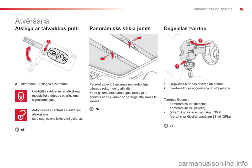 CITROEN C3 PICASSO 2014  Lietošanas Instrukcija (in Latvian) .Automašīnas īss apskats
5
   
Atslēga ar tālvadības pulti 
A.Atvēršana / Atslēgas aizvēršana.
 
Centrālās slēdzenes aizslēgšana  (nospiežot ; iedegas pagriezienasignāllampiņas). 
 