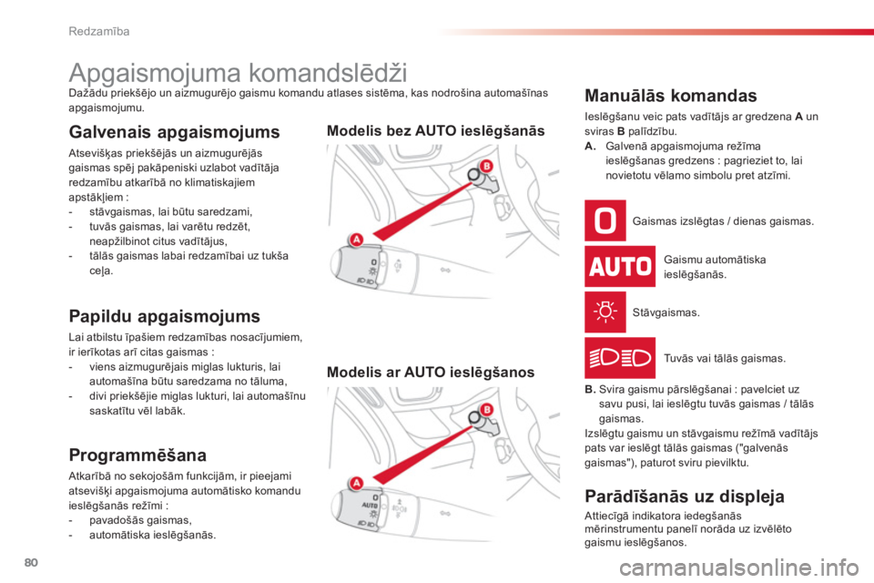 CITROEN C3 PICASSO 2014 Lietošanas Instrukcija (in Latvian) Redzamība
80
Apgaismojuma komandslēdži Dažādu priekšējo un aizmugurējo gaismu komandu atlases sistēma, kas nodrošina automašīnasapgaismojumu.
Galvenais apgai CITROEN C3 PICASSO 2014 Lietošanas Instrukcija (in Latvian) Redzamība
80
Apgaismojuma komandslēdži Dažādu priekšējo un aizmugurējo gaismu komandu atlases sistēma, kas nodrošina automašīnasapgaismojumu.
Galvenais apgai
