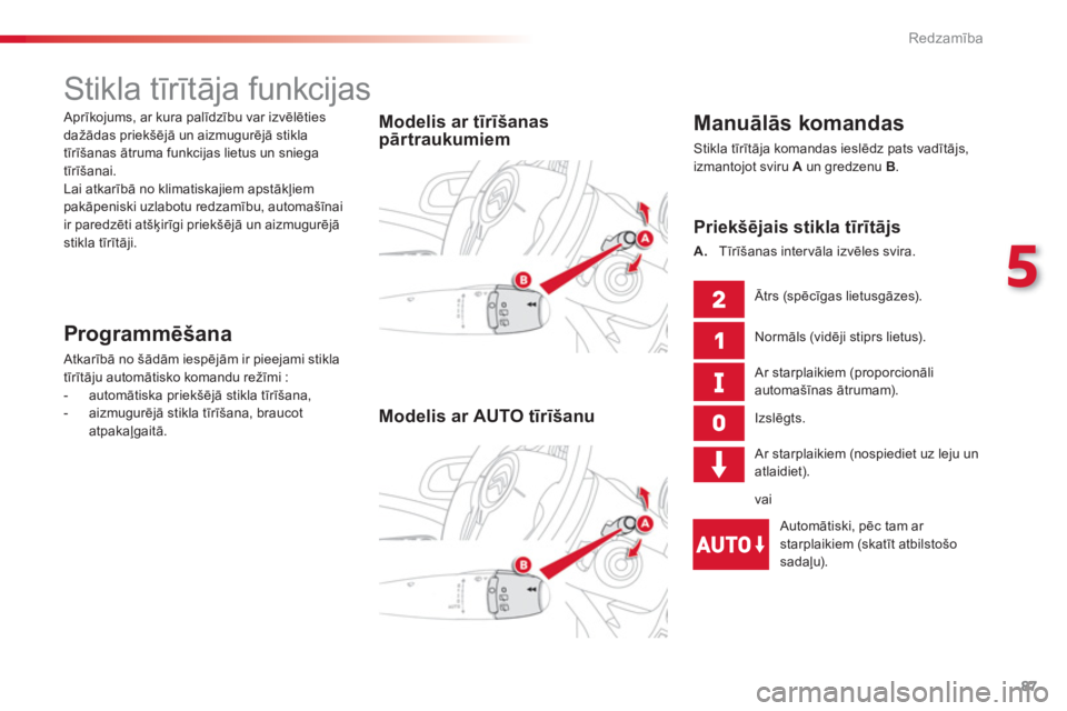 CITROEN C3 PICASSO 2014  Lietošanas Instrukcija (in Latvian) 5
Redzamība
87
   
 
 
 
 
 
 
 
Stikla tīrītāja funkcijas 
 
 Manuāl—s komandas 
 Stikla tīrītāja komandas ieslēdz pats vadītājs, izmantojot sviru Aun gredzenu  B.
Modelis ar tīrīšan