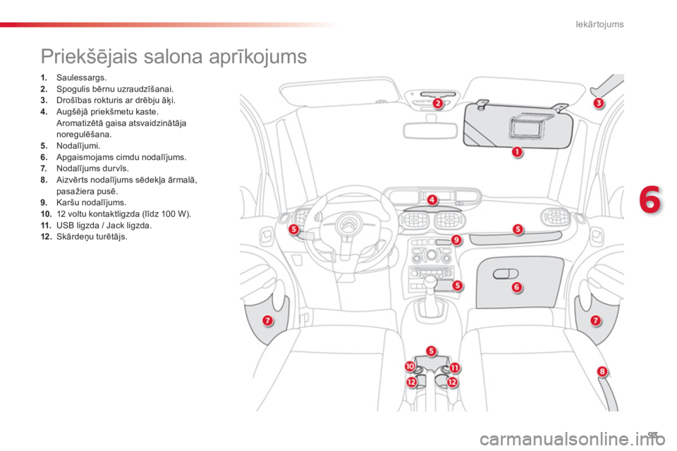 CITROEN C3 PICASSO 2014  Lietošanas Instrukcija (in Latvian) 6
Iekārtojums
93
   
 
 
 
 
 
 
 
 
 
 
 
 
 
 
 
 
 
 
 
 
 
 
Priekšējais salona aprīkojums 
1. 
 Saulessargs. 2.Spogulis bērnu uzraudzīšanai.3.Drošības rokturis ar drēbju āķi.4. 
 Aug�