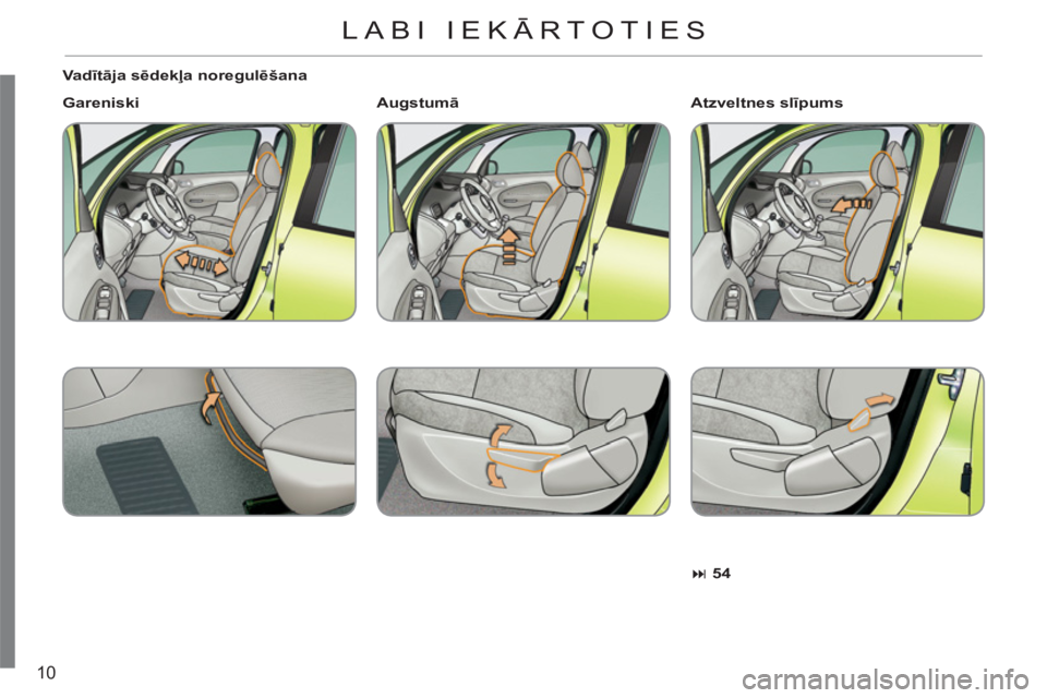 CITROEN C3 PICASSO 2012  Lietošanas Instrukcija (in Latvian) 10
   
Va dītāja sēdekļa noregulēšana 
   
Gareniski 
 
   
 
� 
 54 
 
 
     
Atzveltnes slīpums 
   
 
Augstumā 
     
 
 
LABI IEKĀRTOTIES 