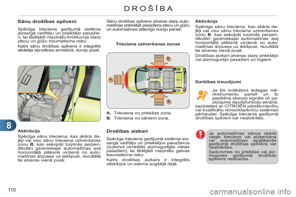 CITROEN C3 PICASSO 2012 Lietošanas Instrukcija (in Latvian) 8
110
DROŠĪBA
Sānu drošības spilveni
Spēcīga trieciena gadījumā sistēma
aizsargā vadītāju un priekšējo pasažie-
ri, lai tādējādi mazinātu krūškurvja starp
plecu un gūžu tra CITROEN C3 PICASSO 2012 Lietošanas Instrukcija (in Latvian) 8
110
DROŠĪBA
Sānu drošības spilveni
Spēcīga trieciena gadījumā sistēma
aizsargā vadītāju un priekšējo pasažie-
ri, lai tādējādi mazinātu krūškurvja starp
plecu un gūžu tra