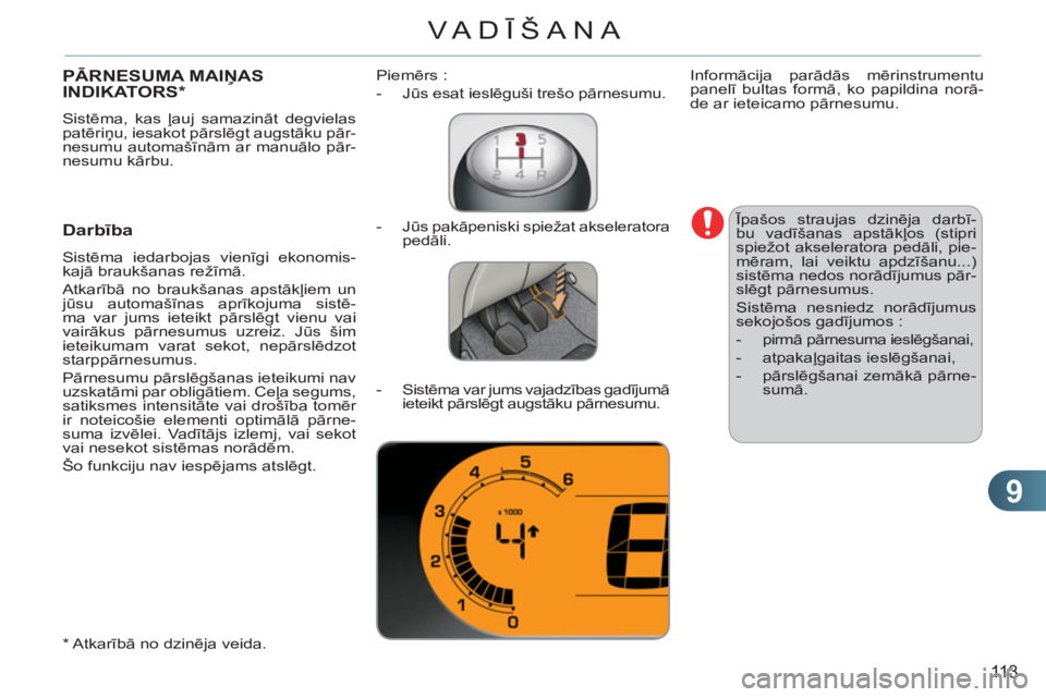 CITROEN C3 PICASSO 2012 Lietošanas Instrukcija (in Latvian) 9
113
VA DĪŠANA
PĀRNESUMA MAIŅAS
INDIKATORS *
Sistēma, kas ļauj samazināt degvielas
patēriņu, iesakot pārslēgt augstāku pār-
nesumu automašīnām ar manuālo pār-
nesumu kārbu. CITROEN C3 PICASSO 2012 Lietošanas Instrukcija (in Latvian) 9
113
VA DĪŠANA
PĀRNESUMA MAIŅAS
INDIKATORS *
Sistēma, kas ļauj samazināt degvielas
patēriņu, iesakot pārslēgt augstāku pār-
nesumu automašīnām ar manuālo pār-
nesumu kārbu.
