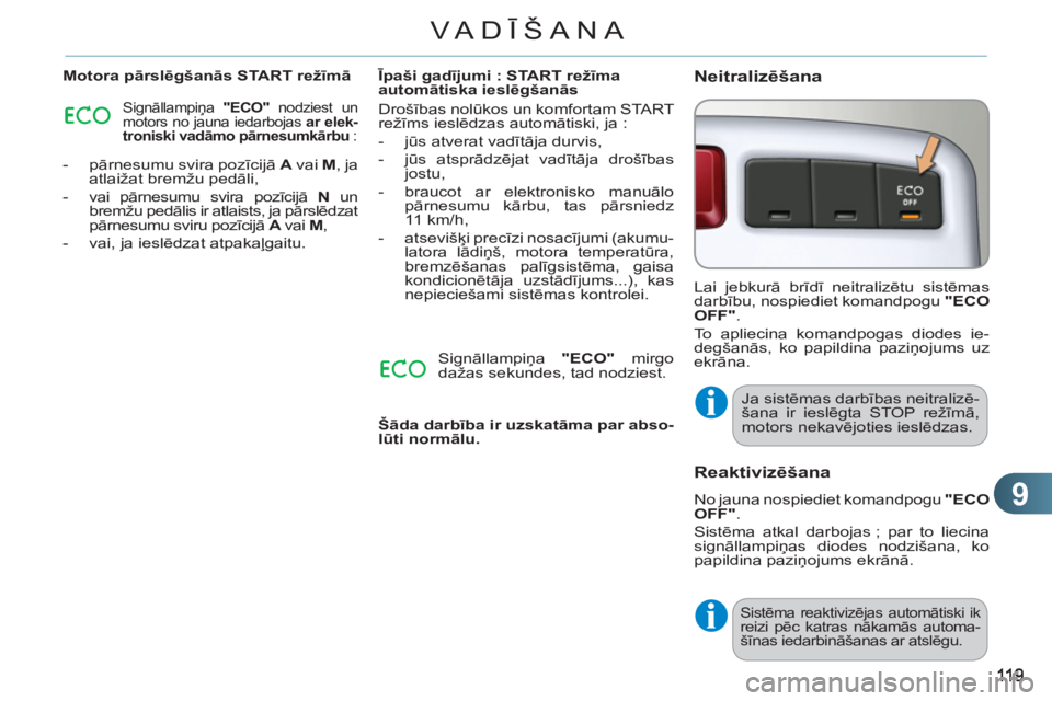 CITROEN C3 PICASSO 2012  Lietošanas Instrukcija (in Latvian) 9
VA DĪŠANA
 
 
Motora pārslēgšanās START režīmā 
 
Signāllampiņa  "ECO" 
 nodziest un 
motors no jauna iedarbojas  ar elek-
troniski vadāmo pārnesumkārbu 
 : 
 
 
 
-  pārnesumu svira 